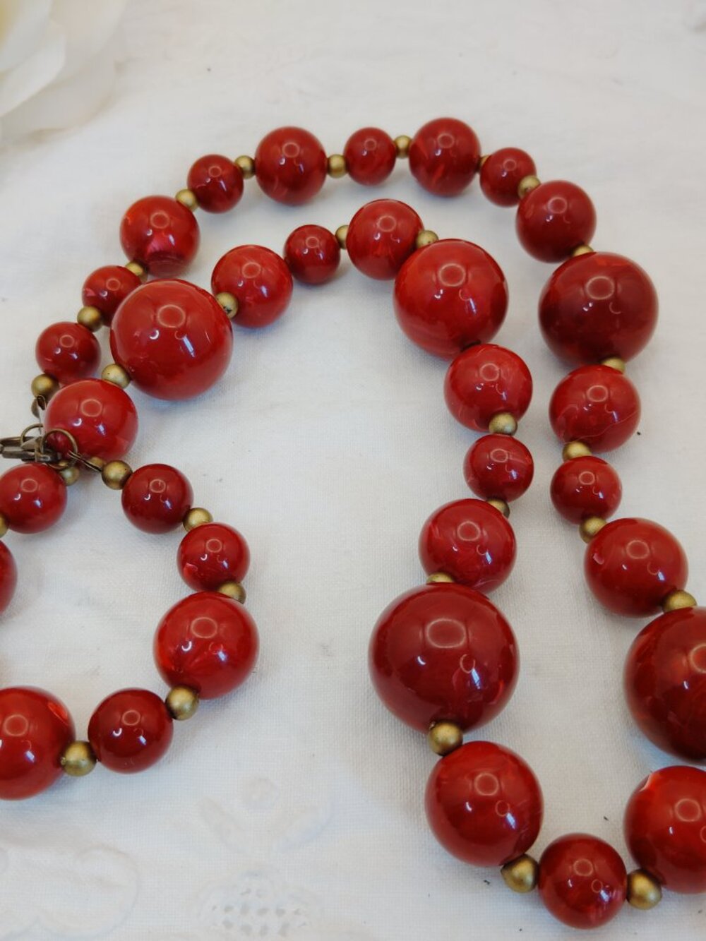 Vintage Red Lucite Bead Necklace – 26" Glossy Graduated Beads